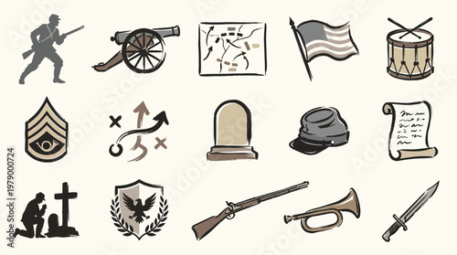 Collection of hand-drawn icons representing elements of the American Civil War, including soldiers, weaponry, maps, flags, and symbols of remembrance.