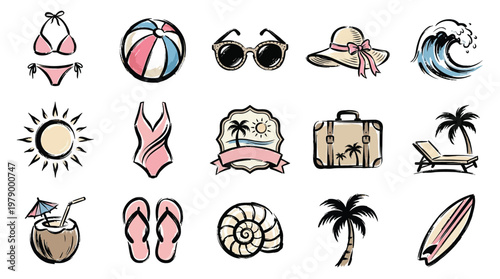 A collection of  icons including swimwear, beach ball, sunglasses, hat, wave, sun, swimsuit, luggage, lounge chair, coconut drink, flip-flops, seashell, palm tree, and surfboard.
