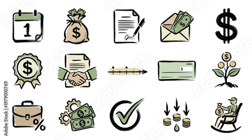 A collection of hand-drawn icons representing various financial and business concepts, including money, contracts, and investments.