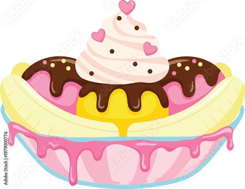 A delicious and colorful banana split vector illustration with ice cream, whipped cream, and chocolate sauce