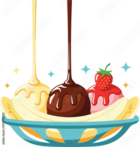 Delicious banana split vector illustration with chocolate, strawberry, and vanilla ice cream, a sweet dessert treat