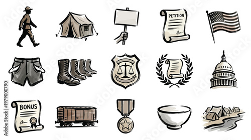 Collection of hand-drawn icons depicting elements related to the Bonus Army march and the Great Depression era.