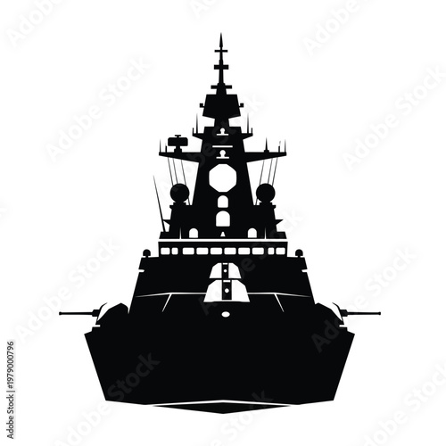Stylized front view silhouette illustration of a powerful naval warship