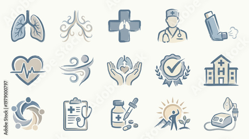 Collection of healthcare and medical icons, including lungs, doctor, hospital, and inhaler, representing health and wellness.