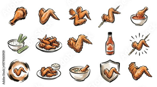 A collection of 15 hand-drawn illustrations of chicken wings in various preparations and presentations, including dipping sauces and skewers.