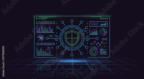 Neon-lit computer screen displaying a cybersecurity interface with various graphs and a shield icon on a dark background with a grid pattern.