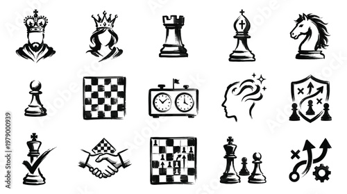 Collection of stylized black and white chess-themed icons and illustrations, representing strategy, competition, and the game itself.