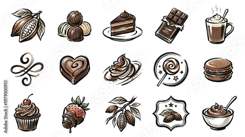A collection of hand-drawn illustrations depicting various chocolate-themed desserts and ingredients, including cocoa pods, truffles, cakes, and hot chocolate.