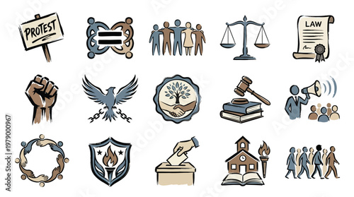 Collection of diverse icons representing social justice, human rights, law, community, and civic engagement.