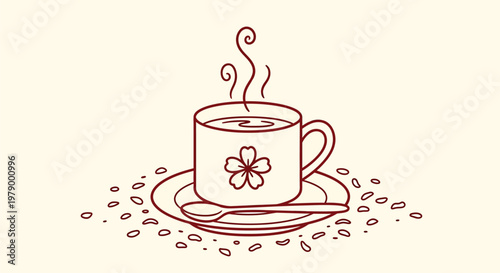 A steaming coffee cup outline sketch vector illustration sits on a saucer with coffee beans scattered around.