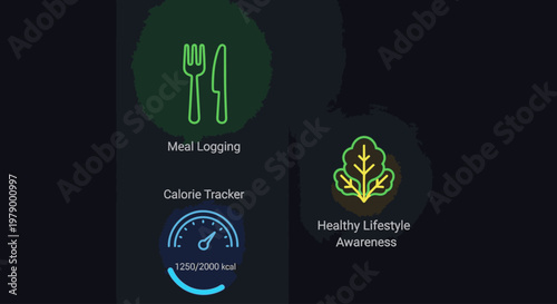 A close-up shot of a digital health and nutrition interface on a dark background with a calorie tracker and meal logging icons.