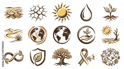 A collection of environmental icons depicting drought, the sun, water, plant growth, and global conservation efforts.