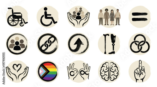 A collection of icons representing diversity, inclusion, accessibility, and equality in a circular format.
