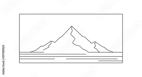 Minimalist Mountain Landscape with Water Reflection, Geometric Line Art