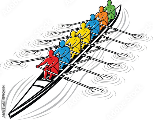 Team Rowing Together in Synchronized Effort.