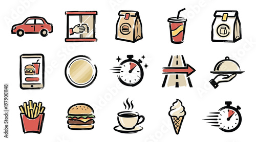 A collection of hand-drawn icons representing various aspects of food delivery services, including cars, food packaging, drinks, and time-related elements.
