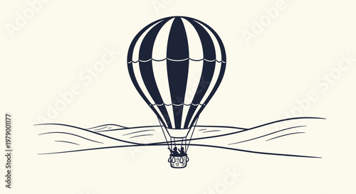A serene outline sketch vector illustration of a hot air balloon flying over rolling hills.