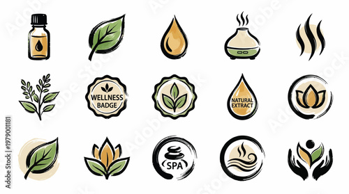 A collection of 15 hand-drawn icons representing wellness, spa, and natural products, including essential oil bottles, leaves, water drops, diffusers, and lotus flowers.