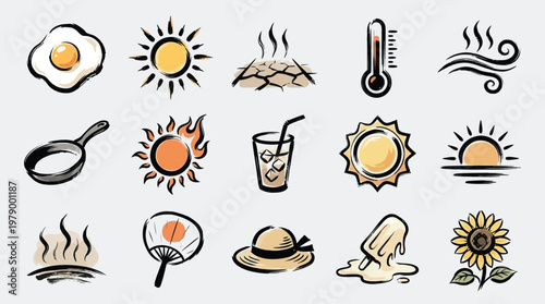 A collection of hand-drawn icons representing hot weather, summer, and related concepts like cooking and cooling down.
