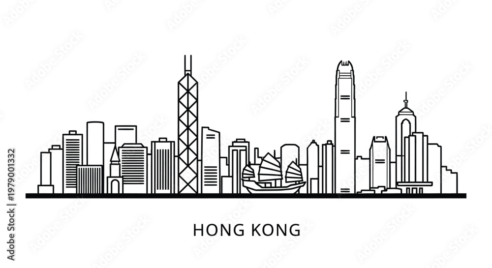 Obraz premium Iconic Hong Kong city skyline outline vector illustration featuring famous landmarks