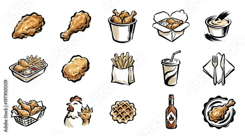 A collection of delicious fried chicken meal items and sides, including buckets, boxes, and individual pieces.
