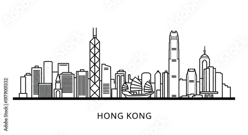 Iconic Hong Kong city skyline outline vector illustration featuring famous landmarks