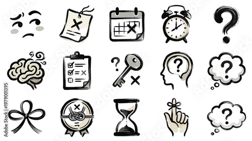 A collection of hand-drawn icons representing concepts related to memory, confusion, and tasks.