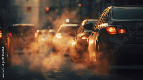 Heavy Urban Traffic Emitting Thick Exhaust Fumes Causing Air Pollution