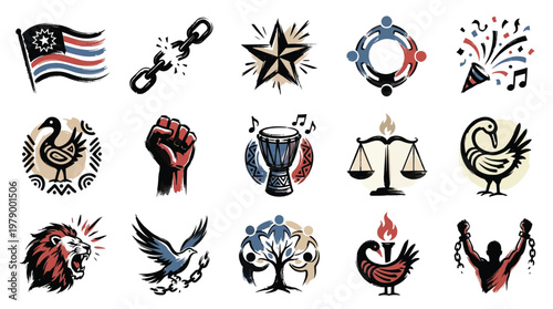A collection of diverse symbols representing freedom, unity, justice, and African heritage, including flags, broken chains, stars, people, animals, and musical instruments.