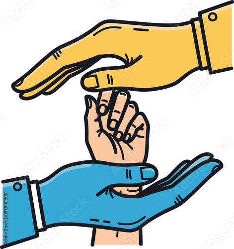 Two Hands Protecting a Small Hand Symbolizing Care.