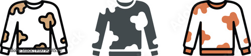 Minimalist vector icon set featuring sweatshirts with brown and orange spots representing laundry stains textile damage garment care and professional dry cleaning concepts