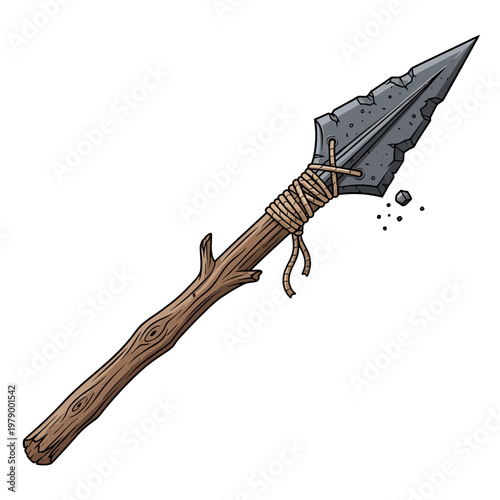 Primitive stone spear with wooden handle, ancient hunting weapon, prehistoric tool