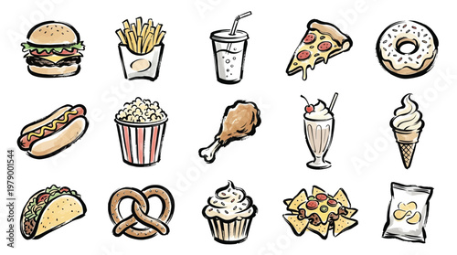 A vibrant collection of popular fast food and snack items, including a burger, fries, pizza, donut, hot dog, popcorn, chicken leg, milkshake, ice cream, taco, pretzel, cupcake, nachos, and chips.