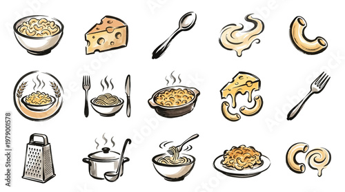 A collection of illustrations depicting various elements and stages of preparing and serving macaroni and cheese.