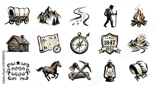 Collection of vintage-style illustrations depicting elements of the American West, including covered wagons, mountains, trails, hikers, campfires, cabins, maps, compasses, and historical emblems.