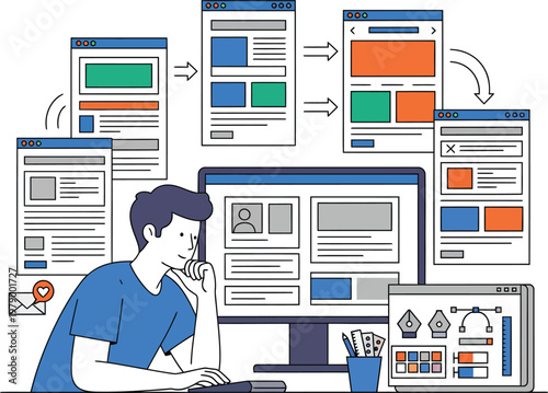 Web designer working on computer screen interface design.