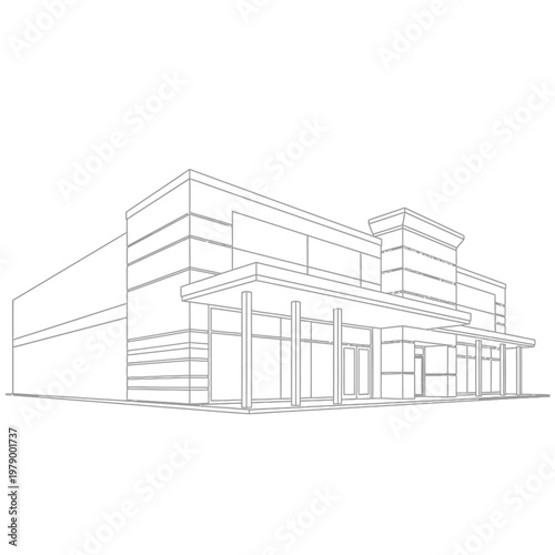Outlined illustration of a contemporary commercial building with an expansive facade.