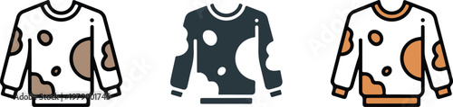 Minimalist vector icon set featuring sweatshirts with brown and orange spots representing laundry stains textile damage garment care and professional dry cleaning concepts