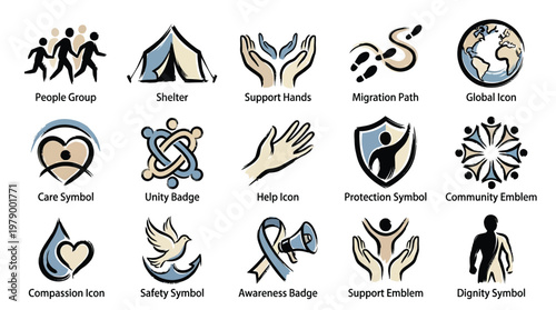 A collection of diverse icons representing social issues, community, and support, including symbols for people, shelter, care, and global connection.