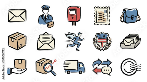 A collection of hand-drawn icons representing various aspects of postal services, mail delivery, and shipping logistics.