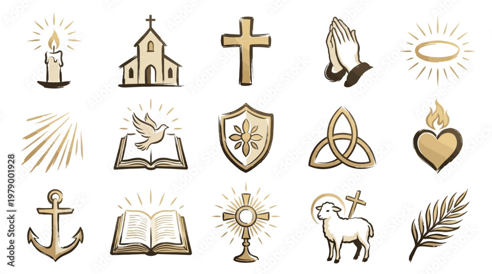Αυτοκόλλητο A collection of golden religious symbols, including a candle, church, cross, praying hands, halo, dove, Bible, shield, trinity knot, sacred heart, anchor, monstrance, lamb, and palm frond