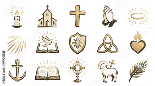 A collection of golden religious symbols, including a candle, church, cross, praying hands, halo, dove, Bible, shield, trinity knot, sacred heart, anchor, monstrance, lamb, and palm frond.