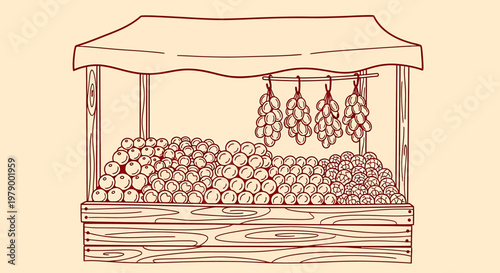 An outline sketch vector illustration of a vibrant market stall selling fresh produce and hanging meats under a canopy