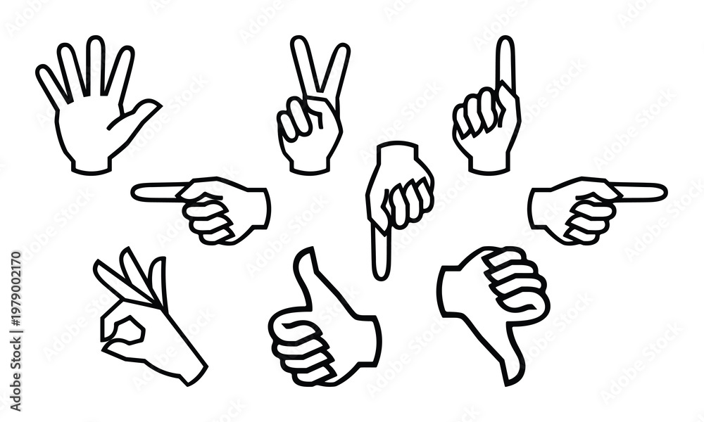 Fototapeta premium Black Line Hand Gesture Sticker Icons Set Outline Vector
