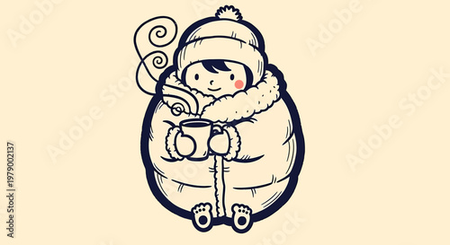 A child in a winter outfit riding a scooter with a whimsical outline sketch vector illustration style