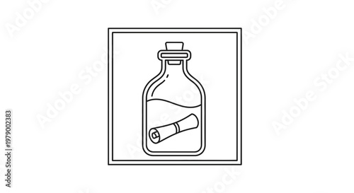 Message in a Bottle Icon, Rolled Scroll Inside Glass Container with Cork Stopper