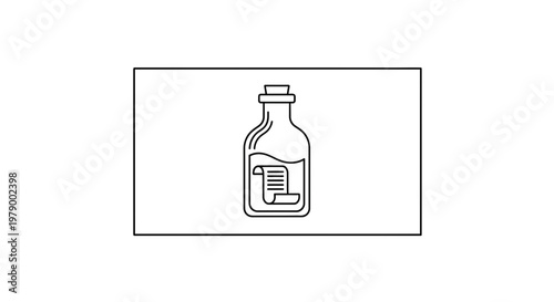 Message in a bottle icon, scroll inside glass bottle with cork stopper, simple line art vector illustration