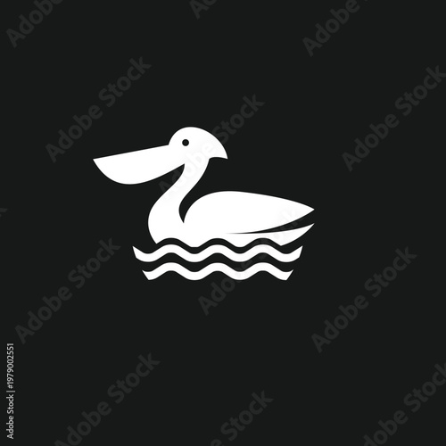 White Pelican Swimming on Water Icon. Minimalist Bird Silhouette Vector Logo Design.