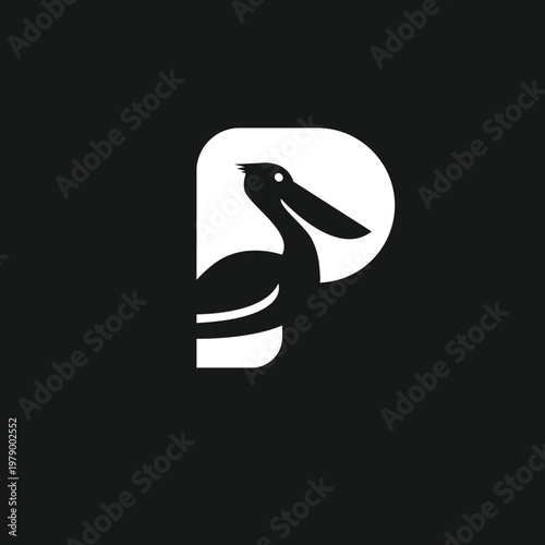 Pelican bird minimalist logo design, creatively integrated into the shape of the uppercase letter P, suitable for branding.