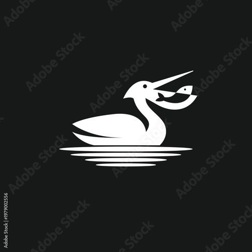 Pelican Bird Catching Fish in Water - Minimalist Logo Design